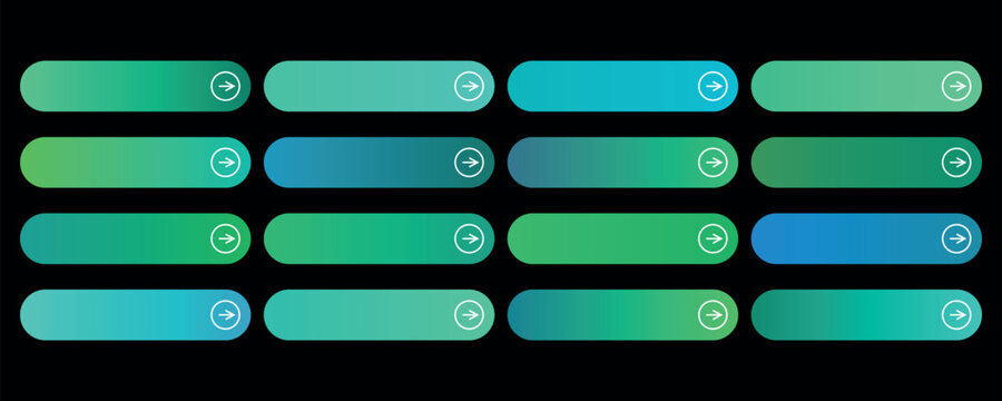 Modern gradient web buttons, 16 UI call to action elements, teal and green interface bars