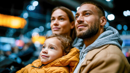 Fototapeta premium Smiling interracial parents sit with their toddler in an airport terminal, capturing joyful family travel, diversity and vacation anticipation