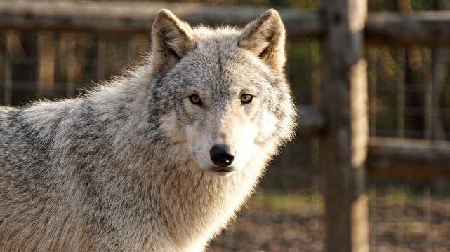 Gray wolf close-up portrait: intense gaze and natural fur texture in golden hour light timber wolf canis lupus