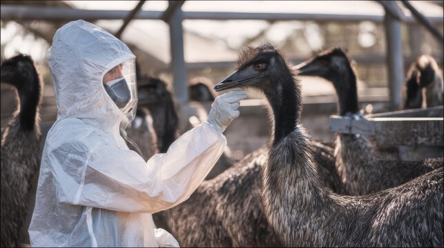 Worker checks emus at a farm during the morning in a rural area focused on animal care and health