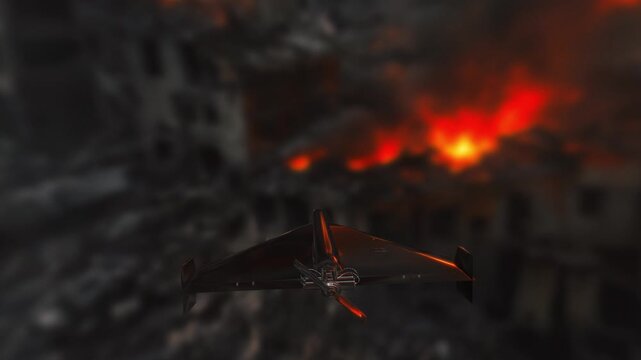 Military kamikaze drone flies toward a burning destroyed city in a dramatic 3D animation sequence depicting war conflict and aerial bombardment at night