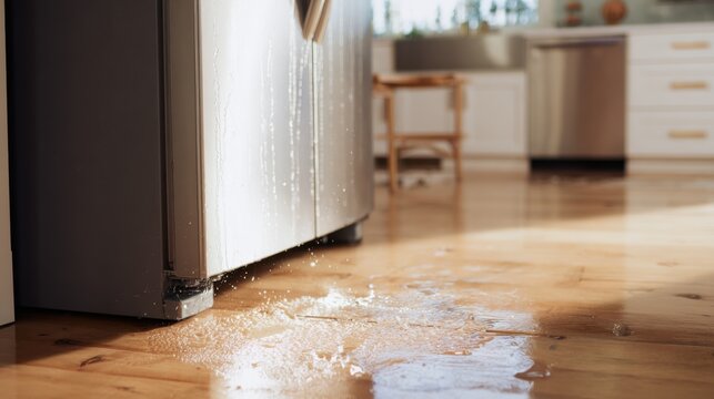 Water leaks from the fridge onto the kitchen floor during morning hours