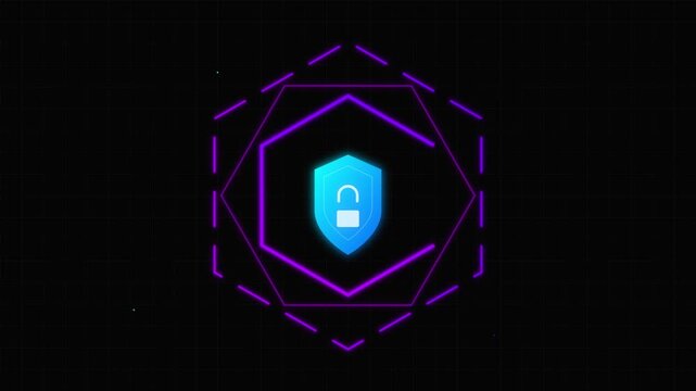 digital security shield icon protected by rotating neon hexagons