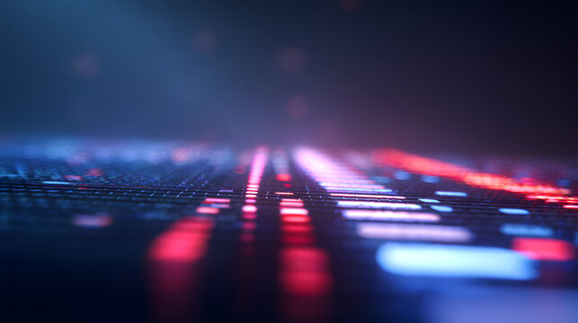 Abstract digital background featuring glowing red and blue light streaks creating a futuristic perspective on a dark textured surface plane