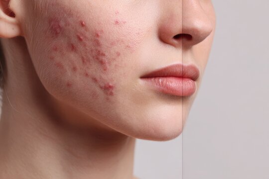 Clinical skincare photography: close-up of a young woman&acirc;&euro;&trade;s face illustrating acne concerns and post-treatment improvement