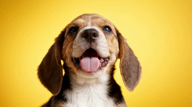 Adorable beagle puppy looking up and panting on vibrant yellow background, studio portrait canine cute