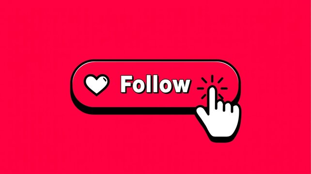 Social media follow button, red background, white hand cursor, heart icon, Follow button