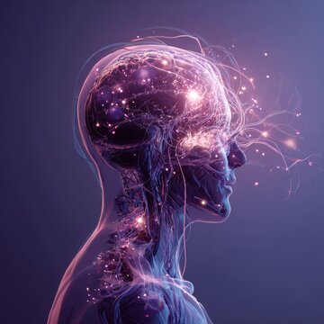 Ilustraci&Atilde;&sup3;n digital de una mente humana conectada a redes neuronales y tecnolog&Atilde;&shy;a cognitiva en un paisaje interior