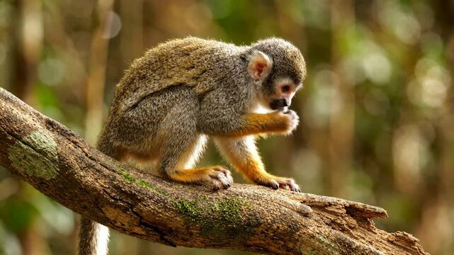 Common squirrel monkey perched on tree branch in tropical rainforest habitat saimiri primate