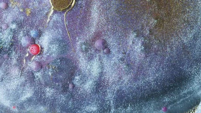 4K Cosmic Liquid Abstract Background Animation. Purple Blue Alcohol Ink with Metallic Glitter Texture.