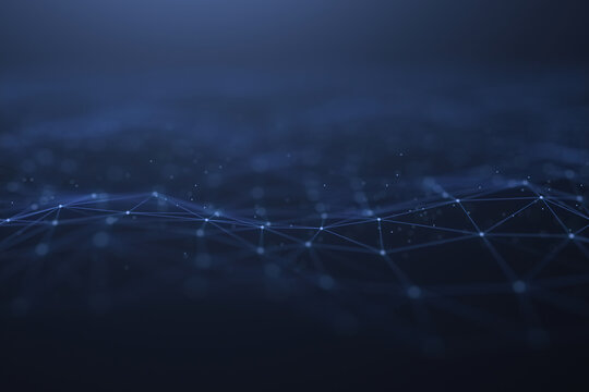 Abstract web network of glowing particles on dark blue