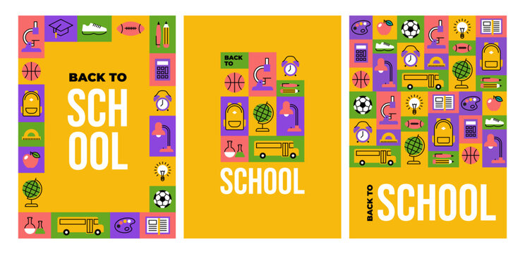 Set of three back to school posters, banners or flyers with geometric pattern and frame.