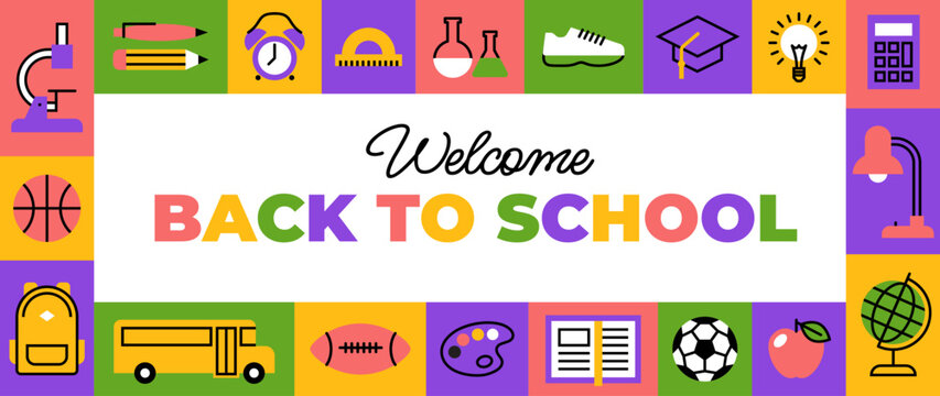 Back to school wide horizontal banner. Geometric frame with education and learning icons and symbols.