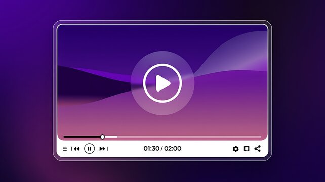 Play button, video player interface, purple background, media controls