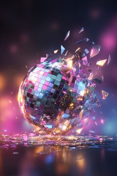 Vibrant digital illustration of a disco ball exploding into radiant light shards above a dark stage