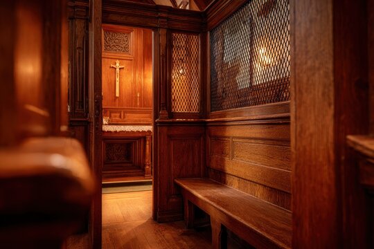Perspective view of a wooden church confessional from a parishioner approaching the screen