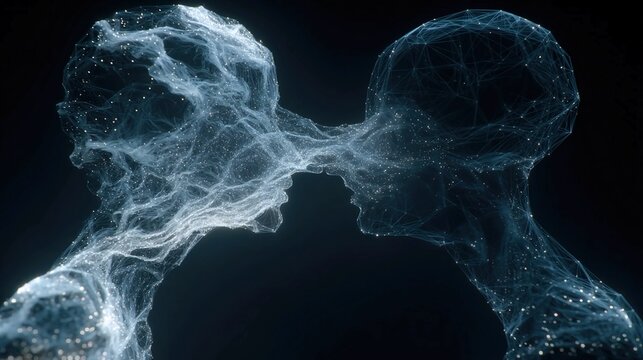 Brain-to-brain communication visualization showing direct neural interfaces, telepathic-like data transfer, cognitive network synchronization, and futuristic AI-human interaction illustration