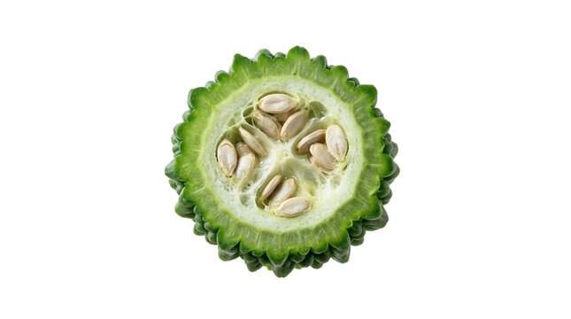 Healthy Organic Bitter Gourd Slice Macro View with Seeds and Green Textured Skin Isolated on Pure White Background