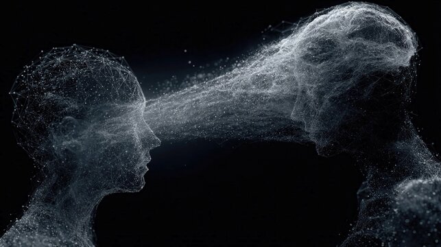 Brain-to-brain communication visualization showing direct neural interfaces, telepathic-like data transfer, cognitive network synchronization, and futuristic AI-human interaction illustration