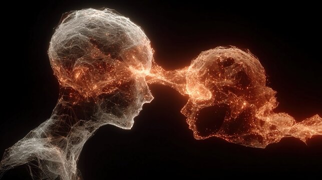 Brain-to-brain communication visualization showing direct neural interfaces, telepathic-like data transfer, cognitive network synchronization, and futuristic AI-human interaction illustration