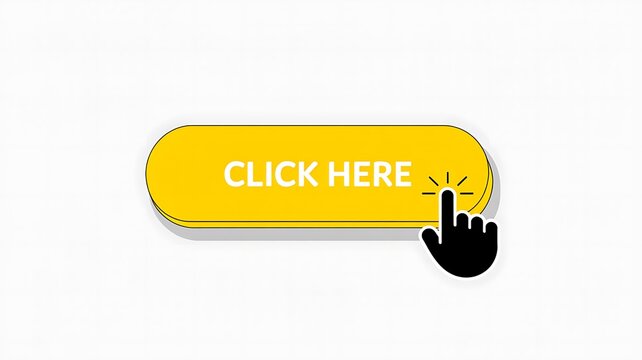 Click here button, yellow cursor hand, web navigation icon, website interface element