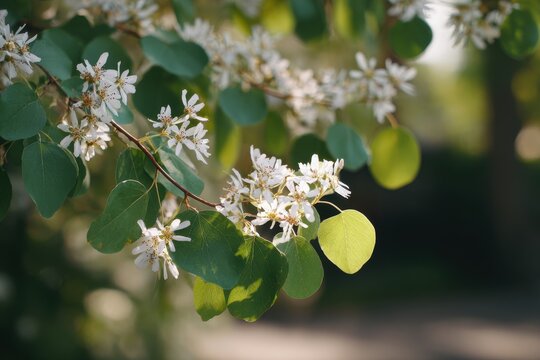 Summer sunlight highlights serviceberry branches in a tranquil garden scene