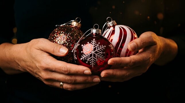 Hands gently holding three festive christmas ornaments with glitter and snowflake details dark background
