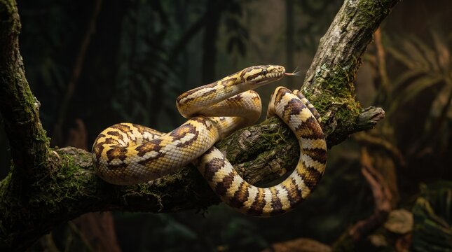 Yellow and brown patterned snake coiled on a mossy branch in a dark jungle