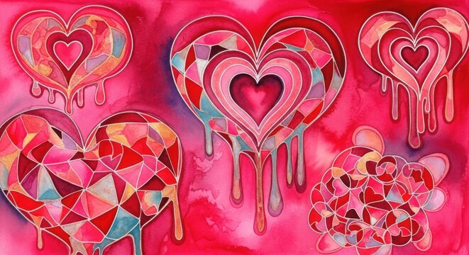 Abstract love hearts with dripping paint effect on pink background