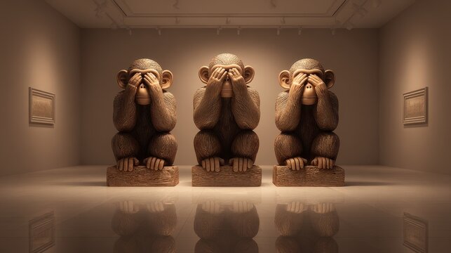 Modern trio of monkey figures covering eyes, ears, and mouth in a softly lit gallery display