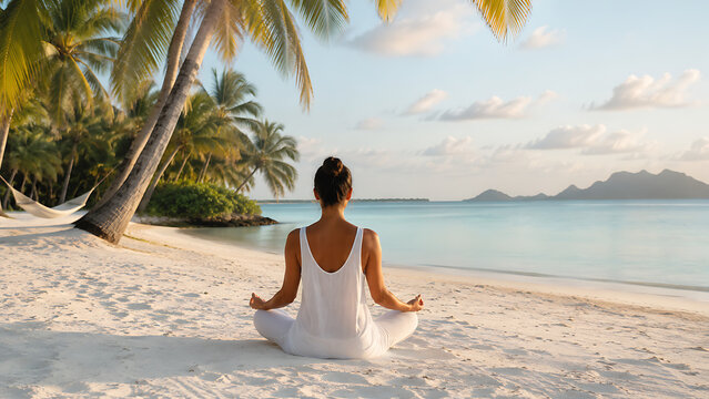 Woman meditating on tropical beach with ocean view.