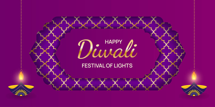 Happy Diwali Festival of Lights greeting card with glowing diya lamps. Festive background for web banner, poster, social media