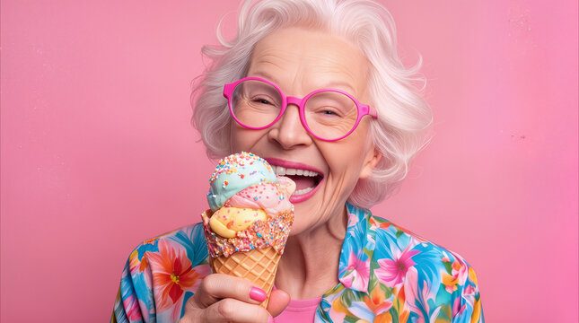 Cheerful grandmother eating colorful ice cream cone against pink background. Senior woman with white hair wearing bright glasses and floral shirt enjoying summer treat.