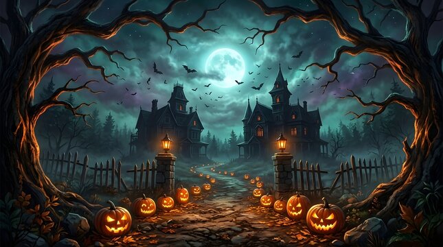 Haunted mansion halloween scene with jack o' lanterns and bats under a full moon at night