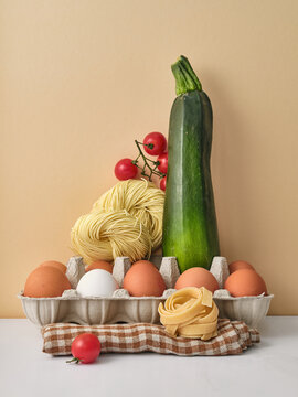 Fresh ingredients arranged creatively for cooking