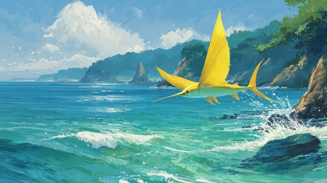 Vibrant illustration of a yellow-wing flyingfish leaping over the ocean near a Japanese coastline