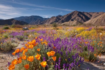 Obraz premium Desert wildflowers bloom in Anza-Borrego: a spring tapestry of orange poppies, purple lupines, and yellow blossoms under a clear blue sky