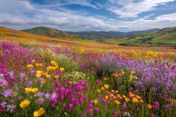 Obraz premium Colorful wildflower meadow after spring rain with rolling hills