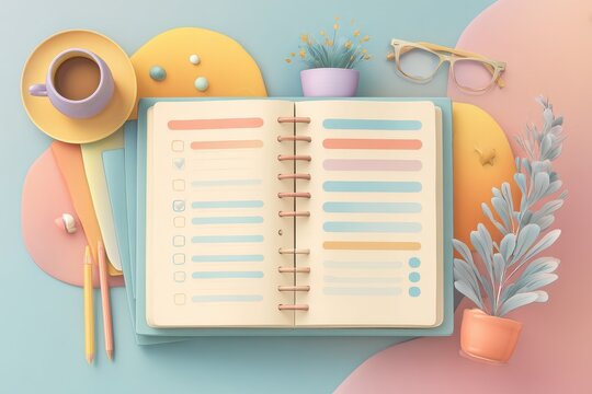 Digital art scene of an SEO planning notebook featuring keyword research, content strategy and analytics