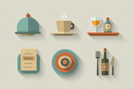 HoReCa service icon set in modern flat illustration (cloche, tray, coffee cup, menu, cutlery)