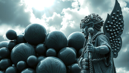 Obraz premium Angelic Guardian Beside Intricate Spheres Under Dramatic Sky