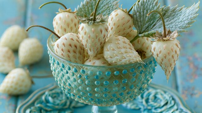 White pineberries, a sweet and fresh fruit, are presented in a beautiful glass cup.