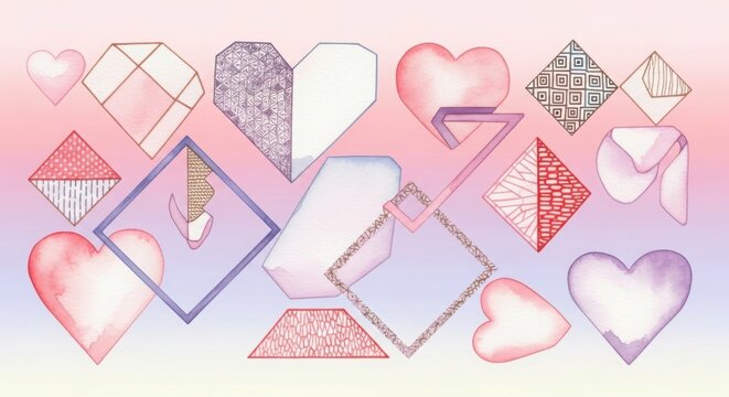 Colorful geometric heart and love shapes vector illustration