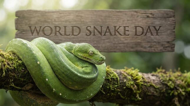 World Snake Day wooden sign with a green snake coiled on a mossy branch in a lush forest