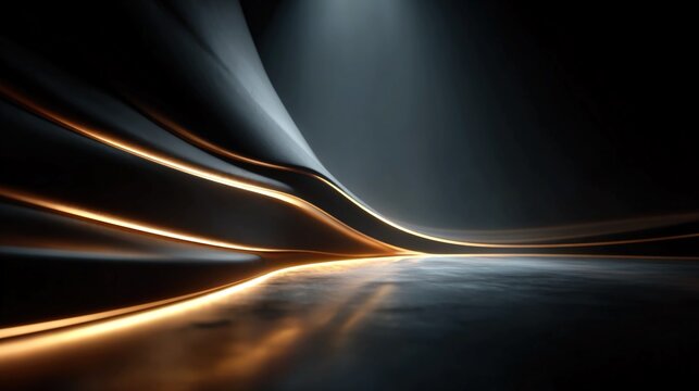 Dark abstract black background with soft curves and light reflections, modern design for luxury branding, product display, and creative advertising visuals