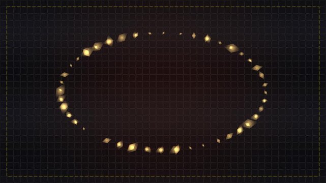 Golden diamond shapes orbit in a circular motion on a dark grid background
