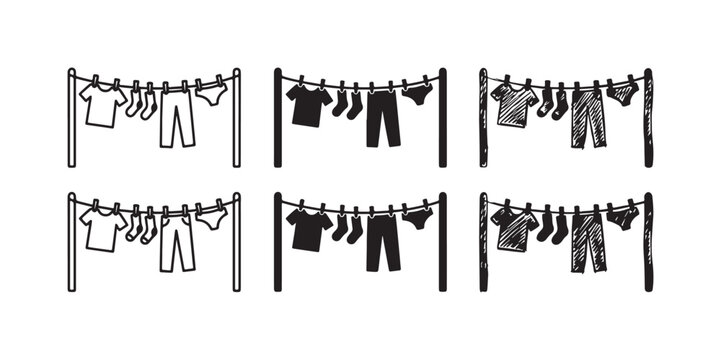 Clothes Hanging on Clotheslines Icon Set with T-shirt, Pants, Underwear, and Socks in Line Art, Silhouette, and Sketch Styles