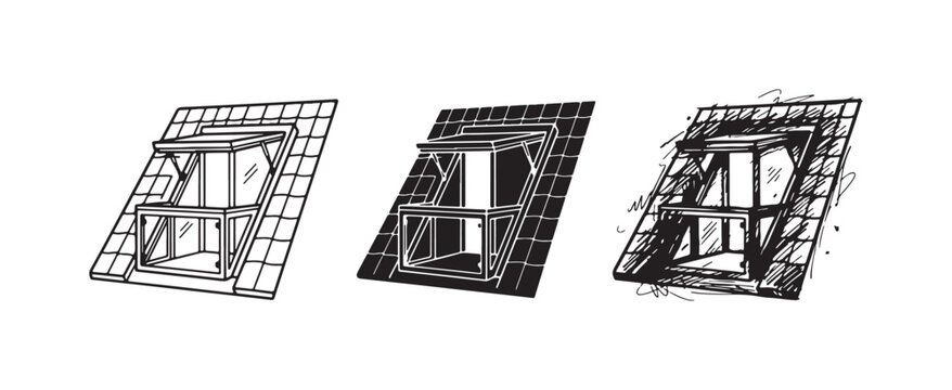 Open Double-Section Attic Window (Dormer Window) on a Tiled Roof Icon Set in Line Art, Silhouette, and Sketch Styles
