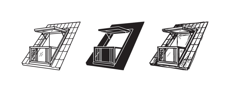 Open Attic Window (Dormer Window) on a Tiled Roof Icon Set in Line Art, Silhouette, and Sketch Styles
