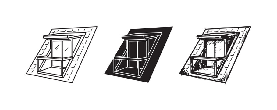 Open Attic Window (Dormer Window) with Side Panels on a Tiled Roof Icon Set in Line Art, Silhouette, and Sketch Styles